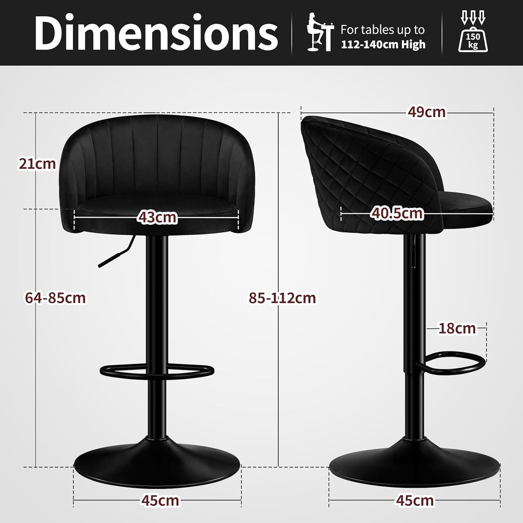 STOOLINK Juego de 2 taburetes de bar, regulables en altura, de tela de terciopelo, giratorios 360°, con respaldo y reposabrazos, para cocina, comedor, café, bistró - Negro