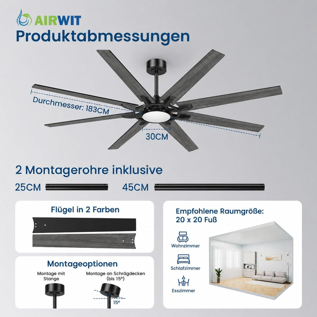 Ventilador de techo Airwit de 183 cm con luz, extra grande, de madera compuesta para exteriores, silencioso, con mando a distancia, lámpara con ventilador para terraza, industrial, habitaciones grandes