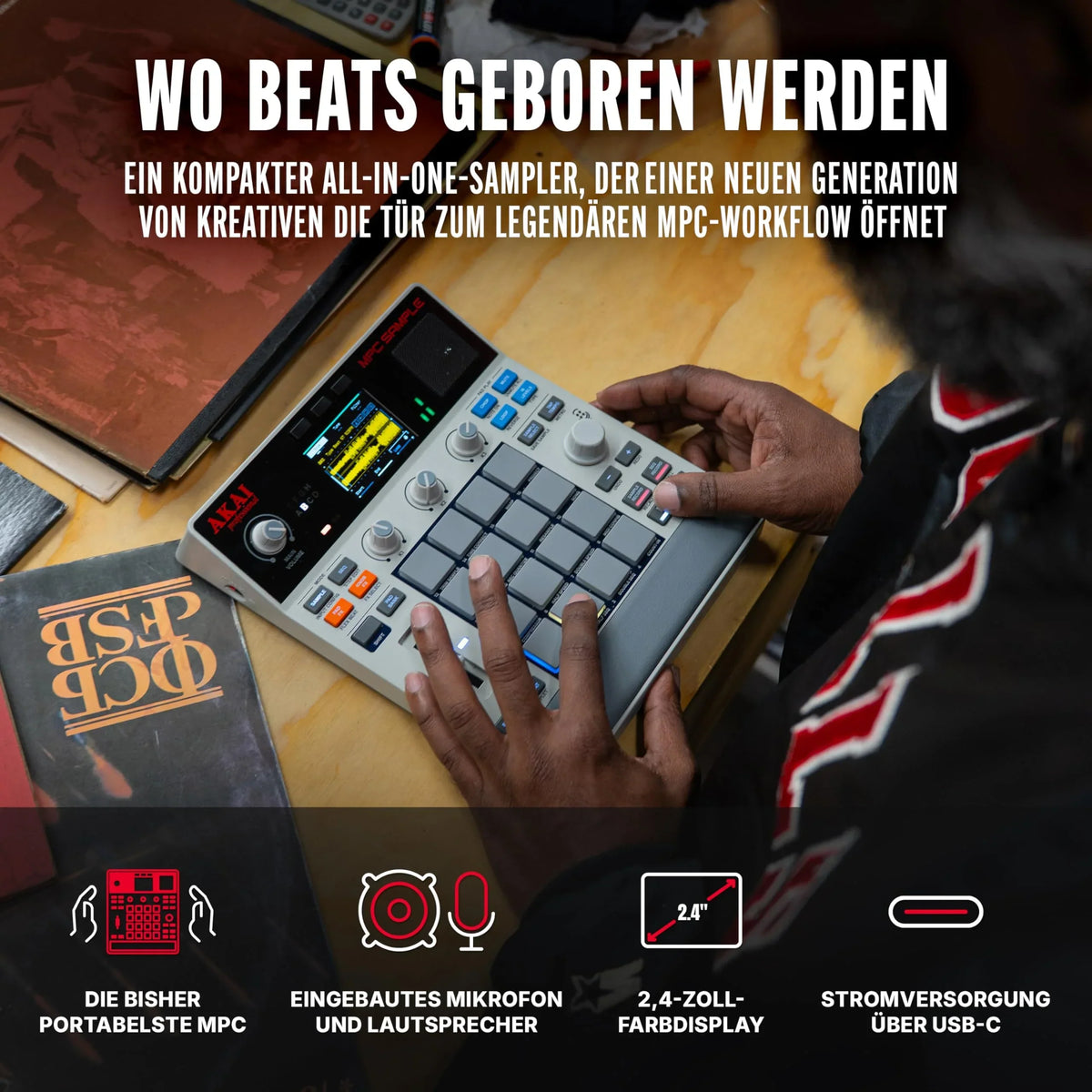 MPC Sampler MPCSAMPLE portátil, autónomo, USB-C con 16 pads, altavoz, micrófono y batería, 23,6 × 19,4 × 5 cm