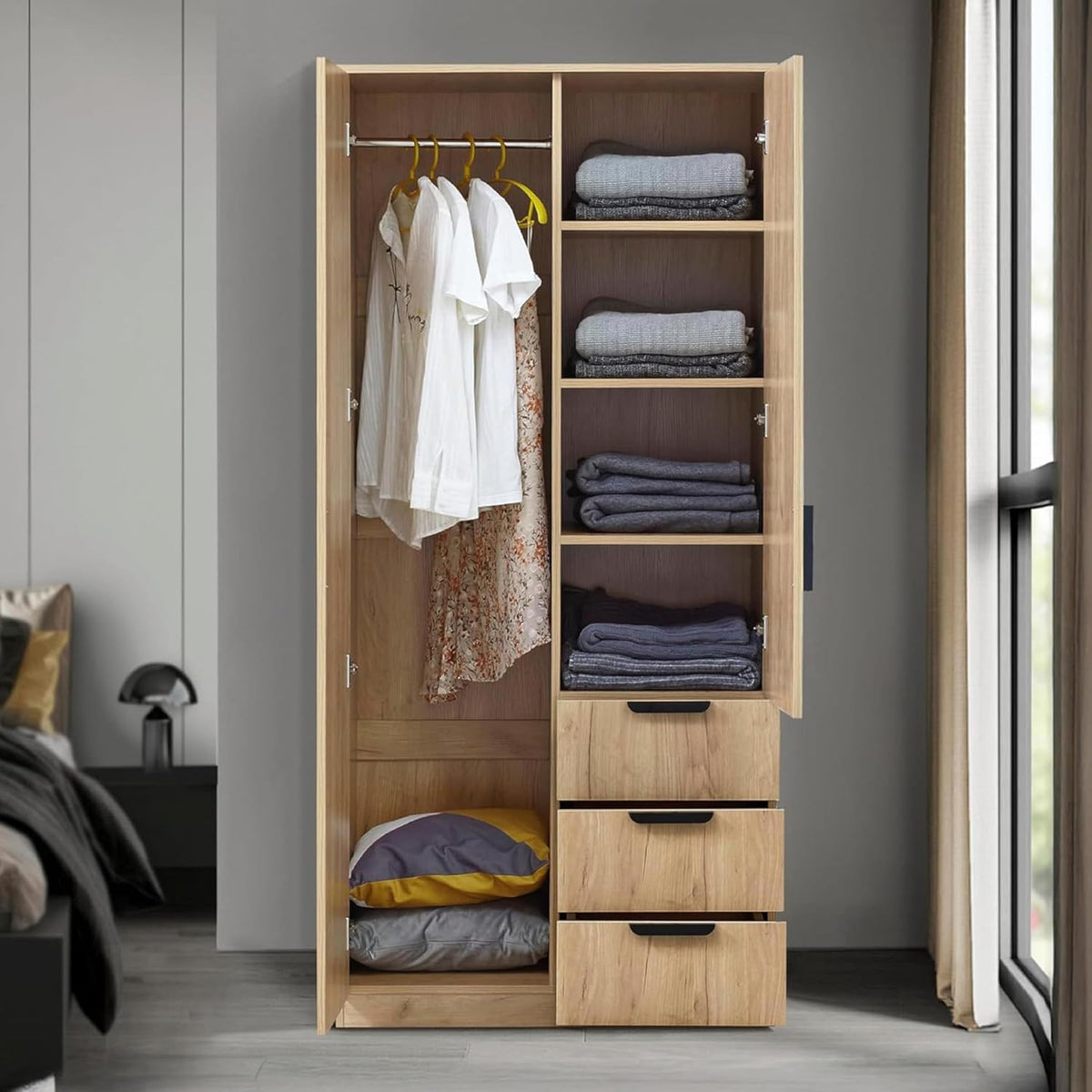 [en.casa] Armario Eiselfing armario con 2 puertas armario ropero 176 x 80 x 52 cm armario de dormitorio 1 barra para colgar 4 compartimentos 3 cajones aspecto roble