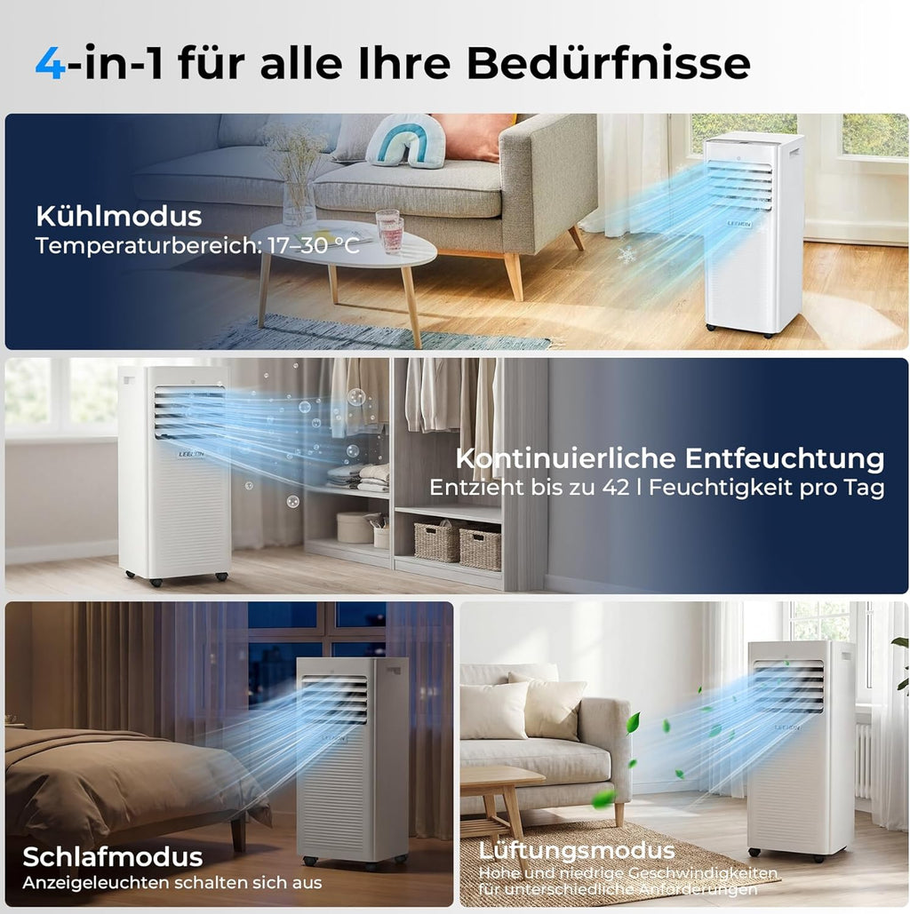 Aire acondicionado portátil 9000 BTU, LEENON 4 en 1, deshumidificador, ventilador y modo sueño, aire acondicionado móvil con tubo de escape, mando a distancia/temporizador 24h, aire acondicionado portátil para habitaciones de hasta 30 m²