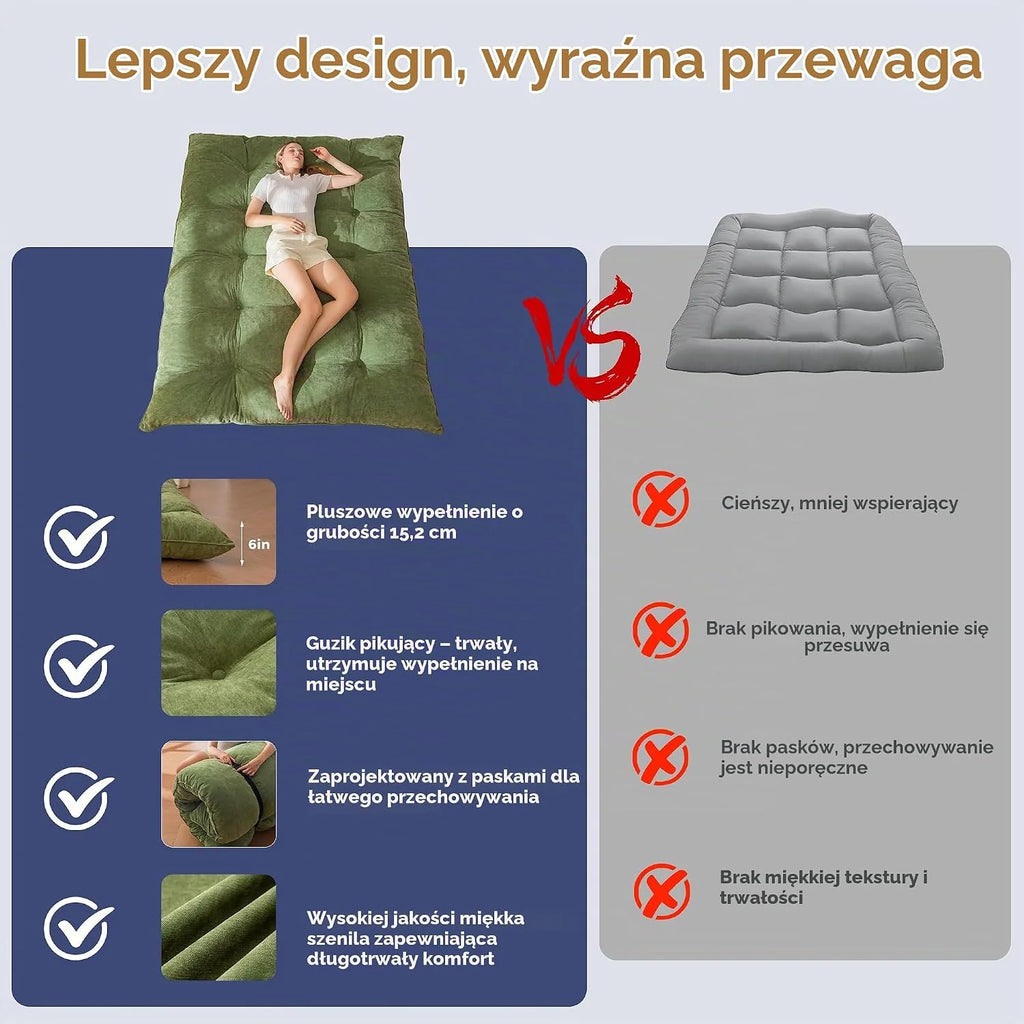 MAXYOYO materac futon, tkanina szenilowa, 15 cm grubości, składany materac futon do kanapy wypełniony strzępioną pianką, szyty guzikiem, praktyczna składana mata podłogowa (bez ramy)