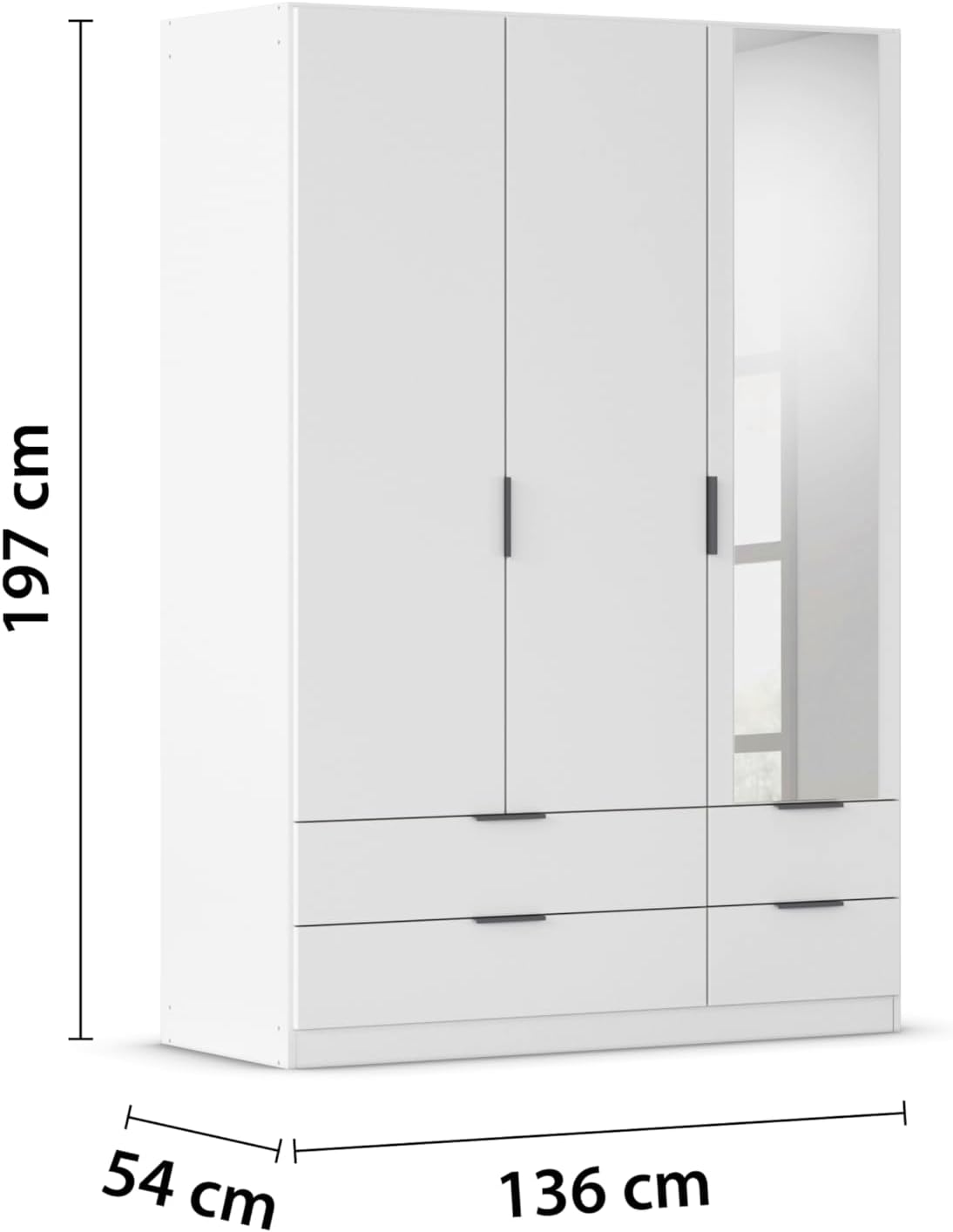 Rauch Möbel Lagoa, armario, ropero para dormitorio, habitación infantil, habitación juvenil de 3 puertas con espejo, 4 cajones, con accesorios Basic, color blanco, ancho 136 cm