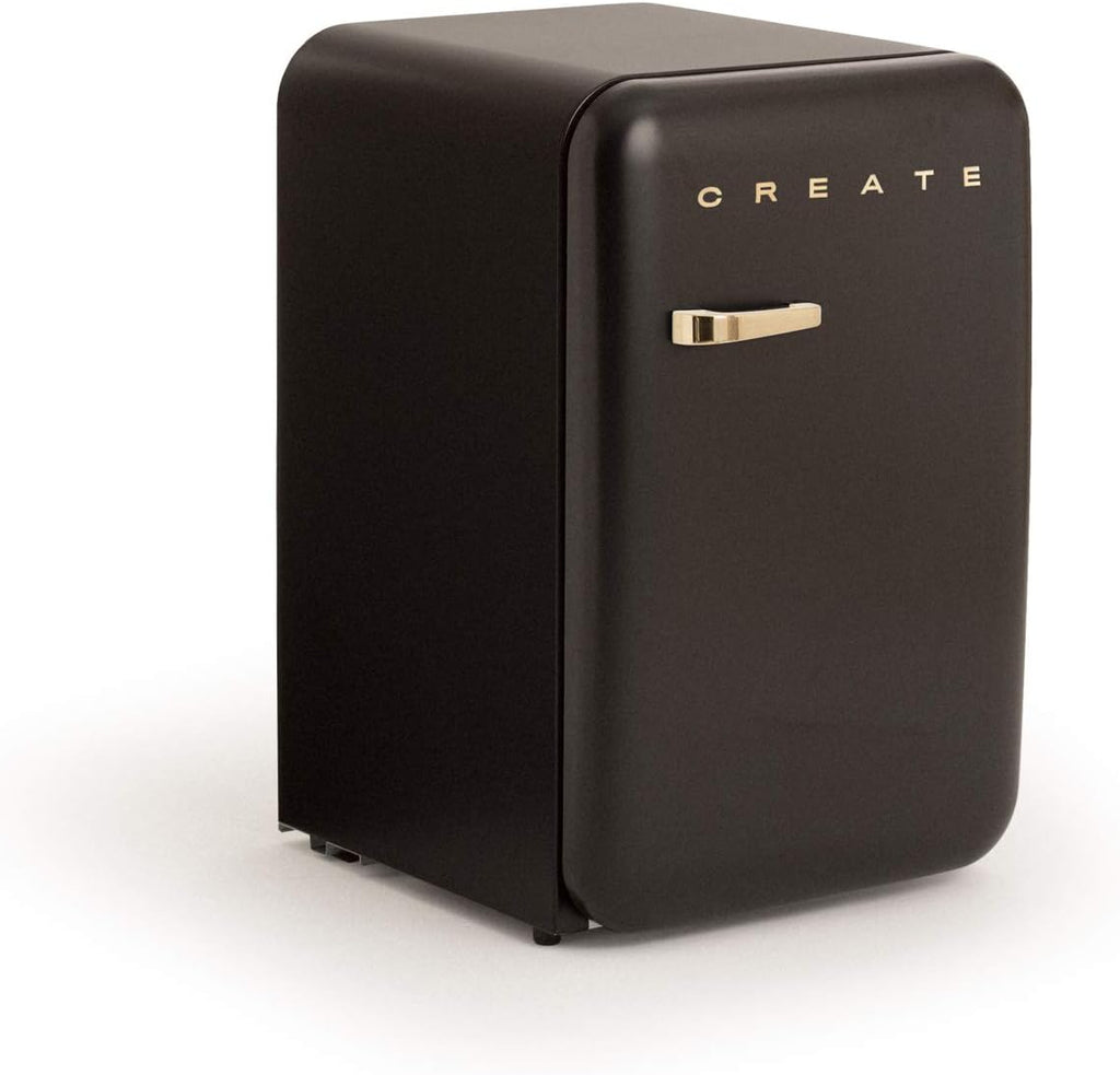 CREAR / RÉTRO FRIGO 83.5 PLATA/Refrigerador negro con manija dorada / 98W, bajo consumo, 2 estantes, regulador de temperatura, botellero, 56x54x84cm.