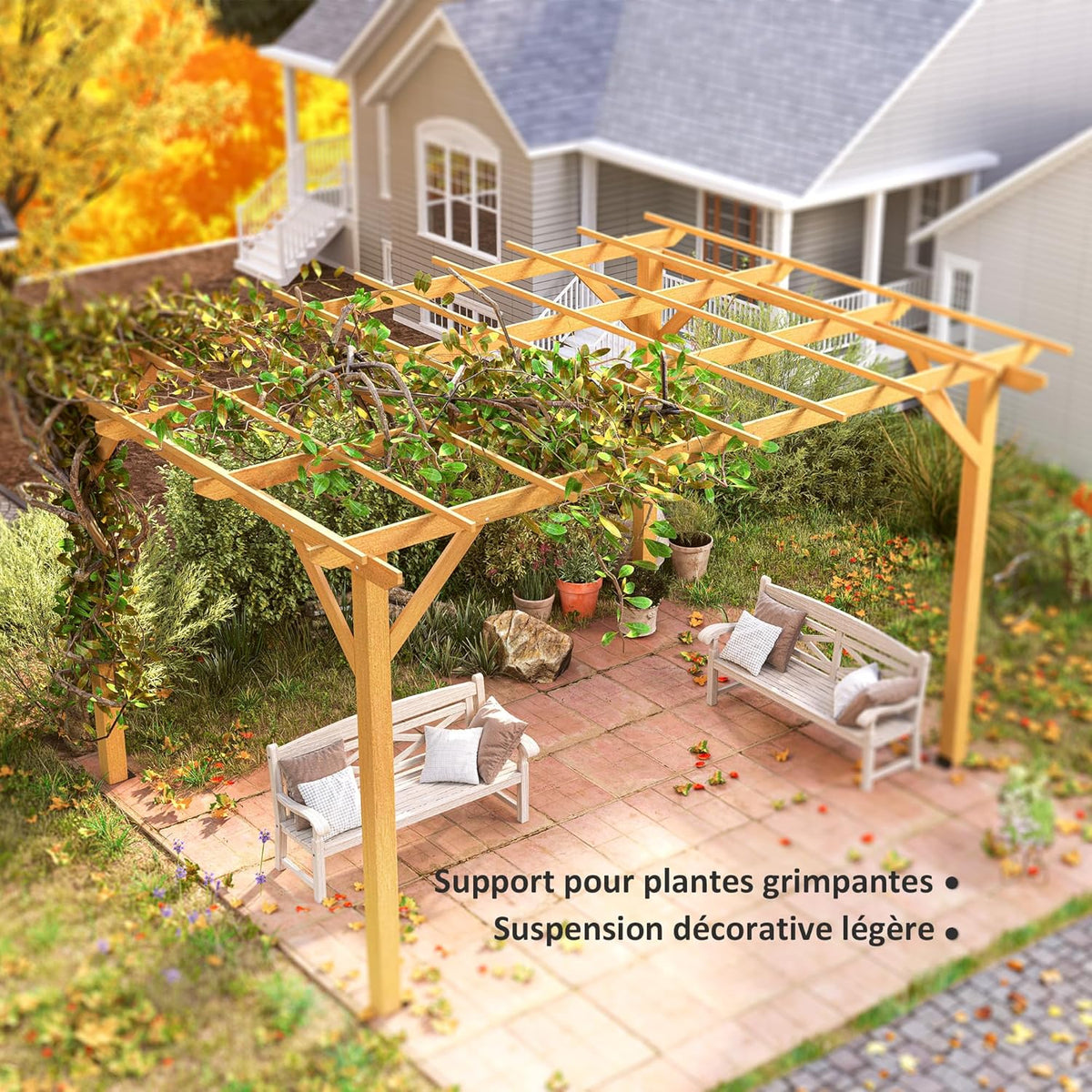 Pérgola de jardín exterior Outsunny 3 x 4 m, pérgola corredera retráctil, pérgola de madera, cenador para plantas trepadoras, flores, rosas, pérgola para terraza, patio, madera natural