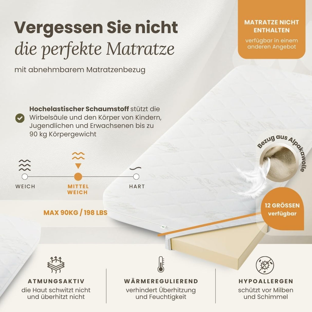 N01 Cama alta de madera 100x200 cm, litera con escalera, 2 lados de montaje de escalera: izquierda o derecha, bordes redondeados seguros, construcción estable de madera maciza, materiales de alta calidad, blanco