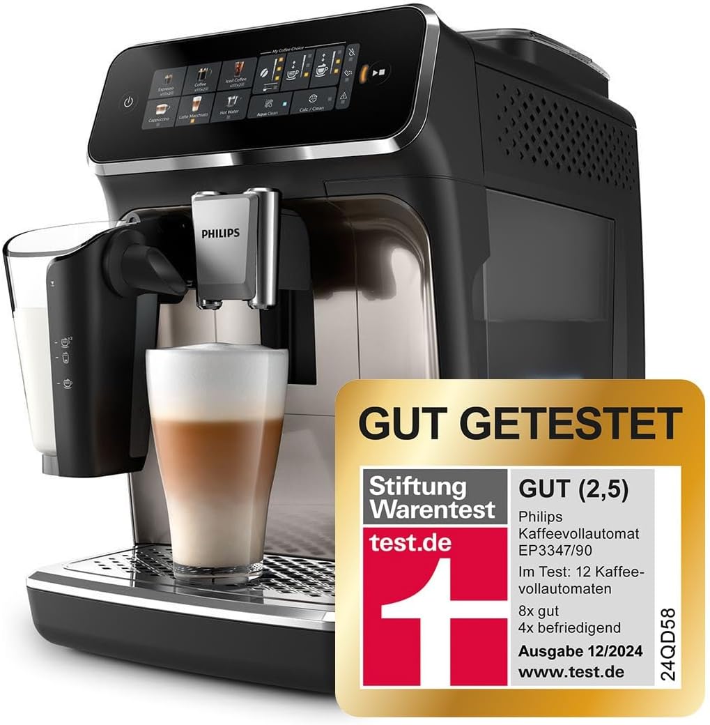 Cafetera superautomática Philips Serie 3300: 6 bebidas, pantalla táctil a color moderna, sistema de leche LatteGo, SilentBrew, molinillo 100% cerámica, filtro AquaClean. Cromo negro (EP3347/90)