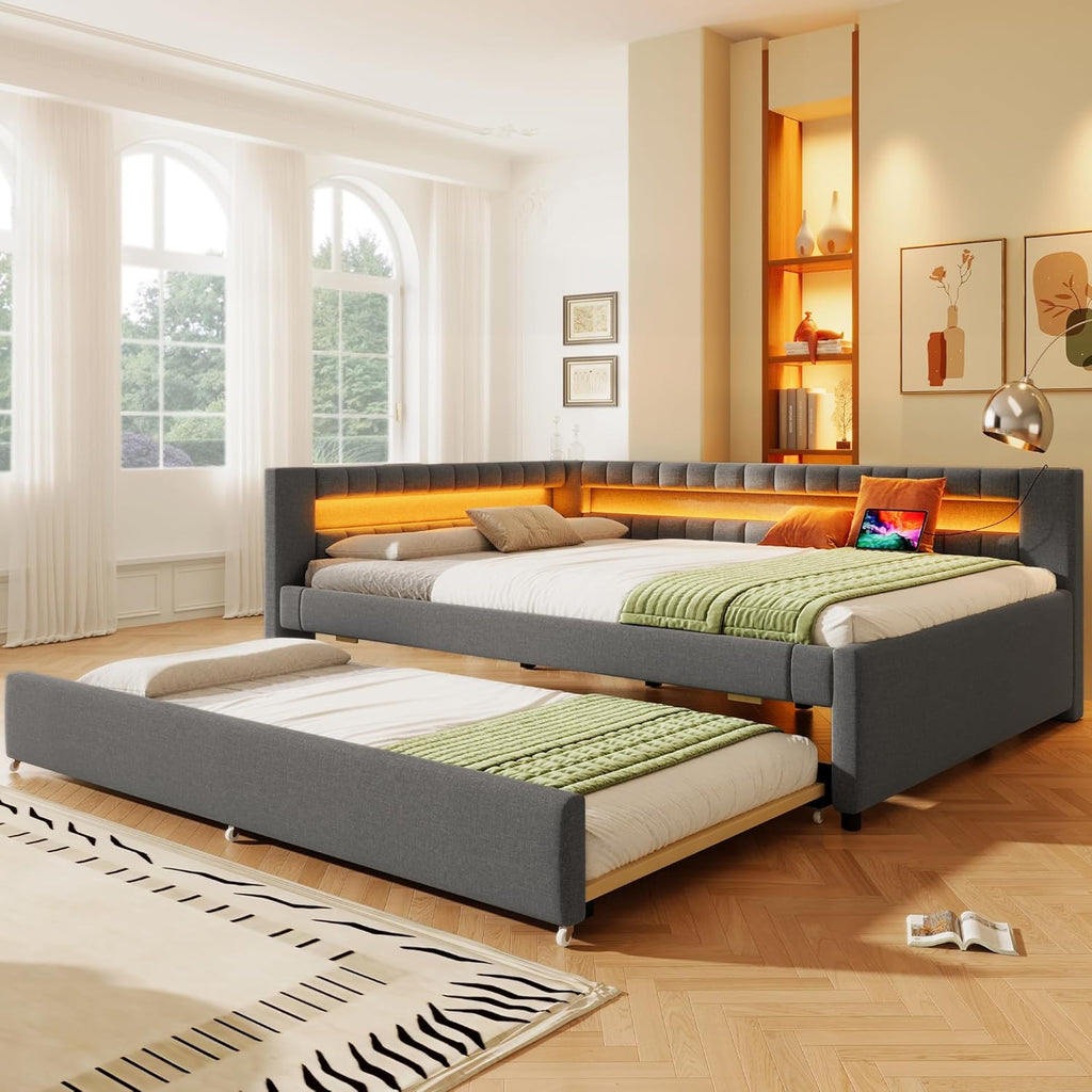 Cama tapizada con sofá cama 140x200 con iluminación LED y función de carga USB tipo C, estructura de cama con cama extraíble y somier, cama doble, diván, cama de día, cama de invitados, cama juvenil, lino, sin colchón, gris