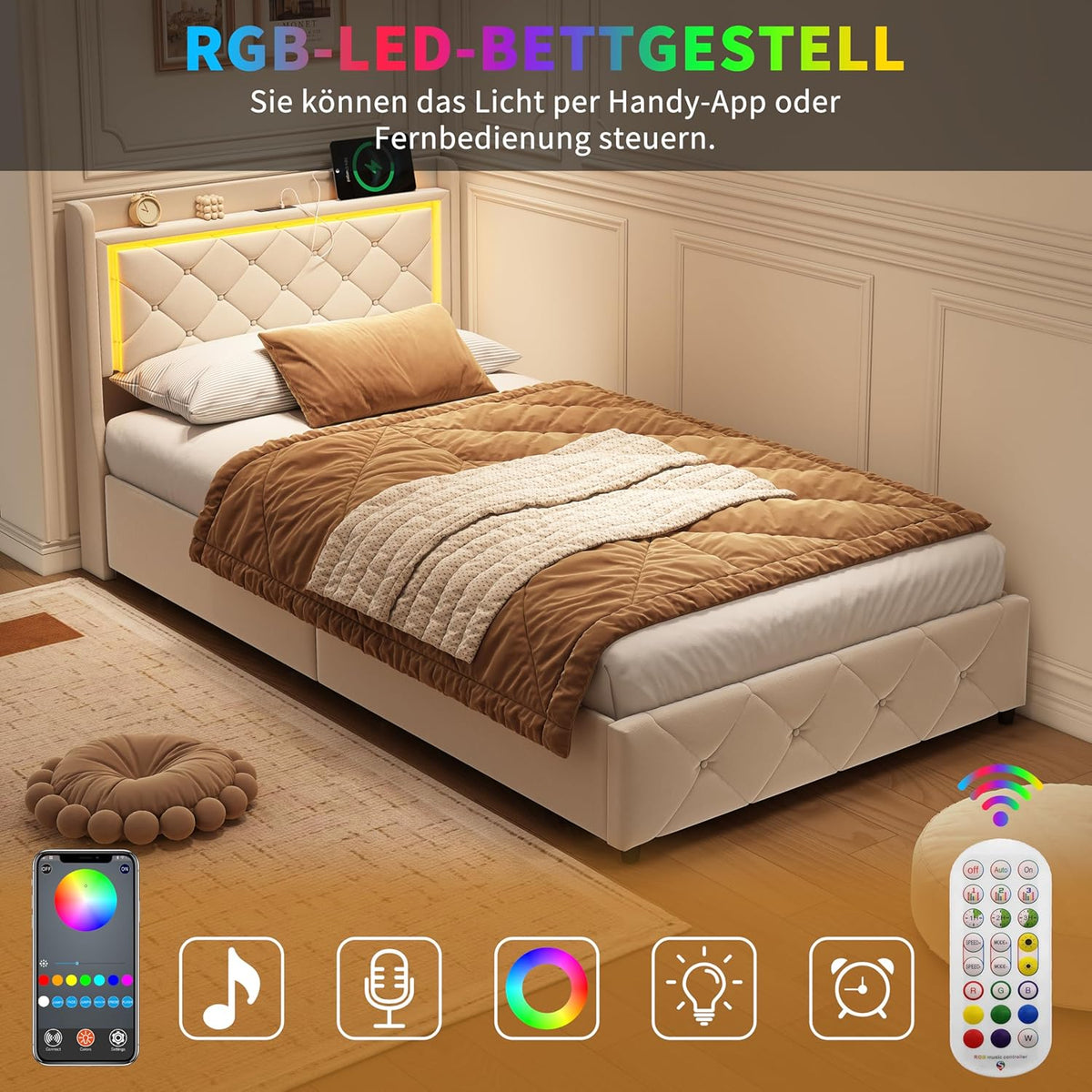 Cama tapizada de 90x200 cm con iluminación LED, USB y canapé hidráulico – Cama individual juvenil con almacenamiento, somier y cabecero, terciopelo beige, sin colchón (Beige-3, 90x200 cm)