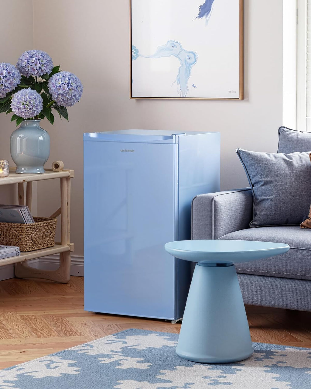 Upstreman 91L Mini-refrigerador con compartimento de enfriamiento rápido, 5 niveles de temperatura (0-10 ℃), eficiente energéticamente, funcionamiento silencioso de 41 dB, compacto y espacioso para dormitorio universitario/oficina, BR321-Azul