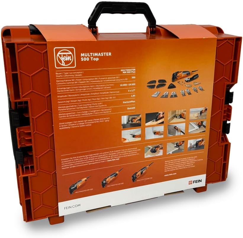 FEIN Multimaster MM 700 Max Top, nuestra mejor multiherramienta con 60 accesorios para serrar, lijar y cortar, 450 W, sistema antivibraciones, encastre StarlockMax, cambio de herramienta QuickIN