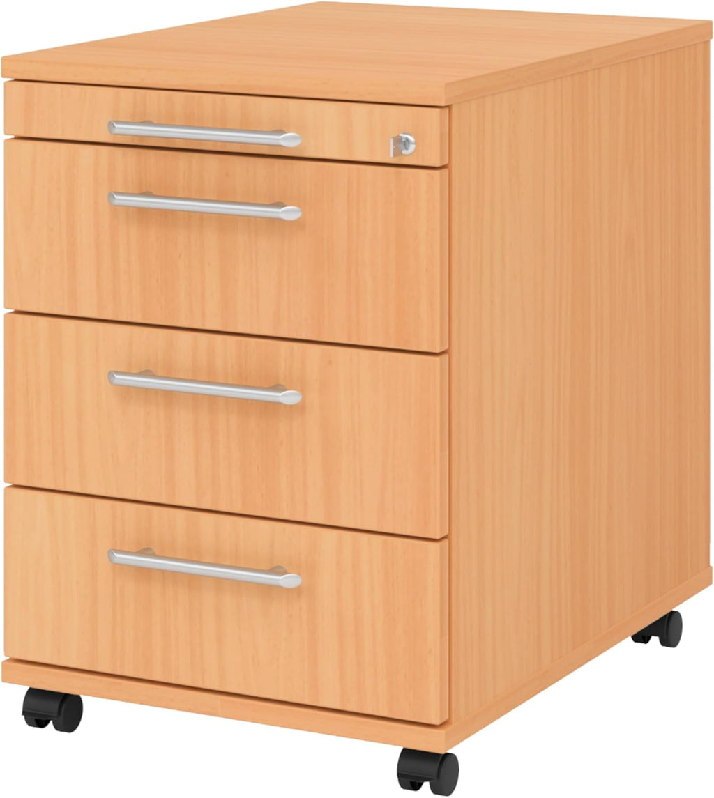 bümö Cajonera móvil con cajones, contenedor con cerradura de madera en haya - Carrito para oficina como mueble bajo de escritorio, cajonera de oficina o contenedor de escritorio con tiradores de barra