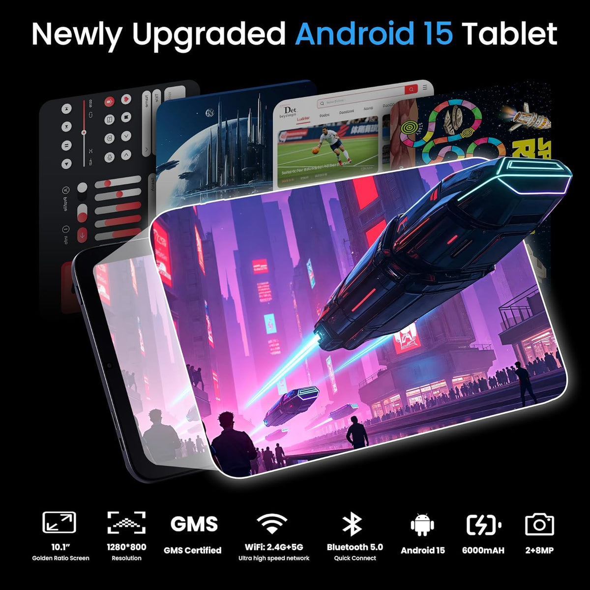 Tableta de 10.1", Android 15, pantalla in-cell, 20 GB (8+12) de RAM, 256 GB de ROM, 1280x800, batería de 6000 mAh, Bluetooth, cámara dual, GMS, WiFi