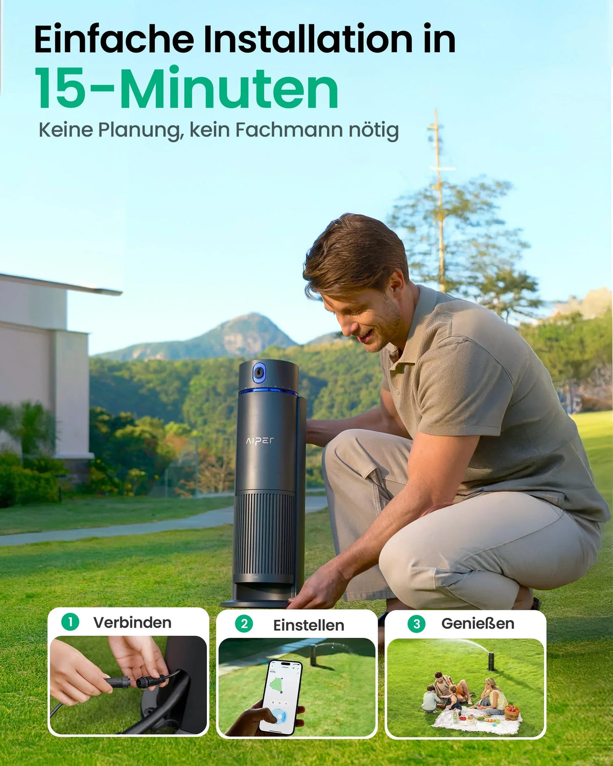 Dispositivo de riego multizona AIPER IrriSense 2 con control por aplicación, sensor de lluvia y programación inteligente para céspedes de 445 m²