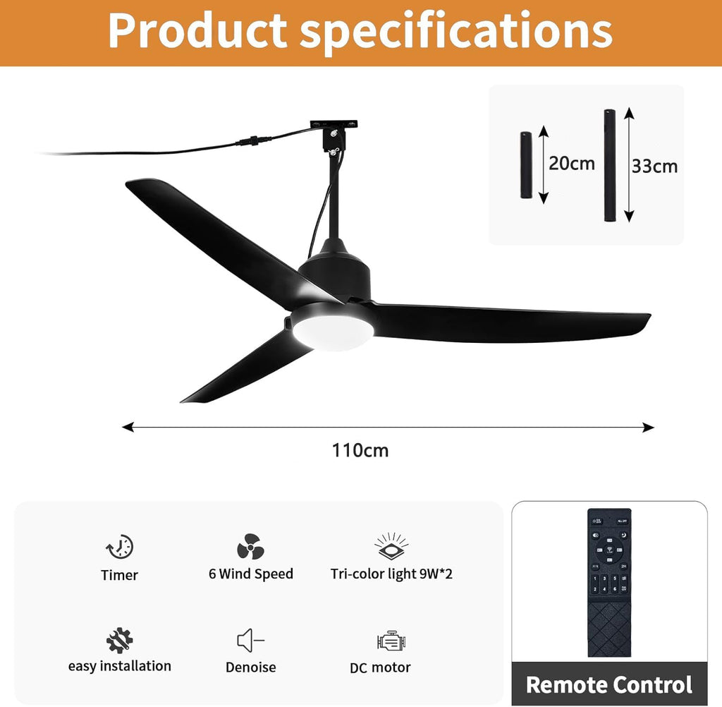 Ventilador de techo con iluminación y mando a distancia, resistente al agua IP65, ventilador de exterior regulable, lámpara de techo moderna con ventilador, ventilador silencioso con luz para dormitorio, balcón y exterior