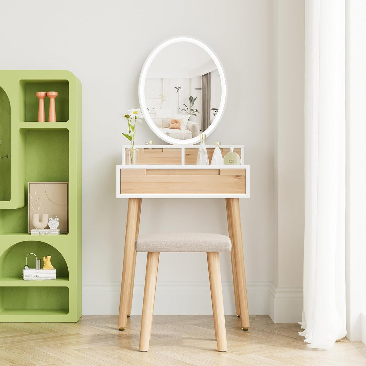 YU YUSING Tocador con iluminación LED y espejo, mesa de maquillaje con 3 cajones y taburete, brillo ajustable, tocador de 60 cm para espacios pequeños, dormitorio, color madera
