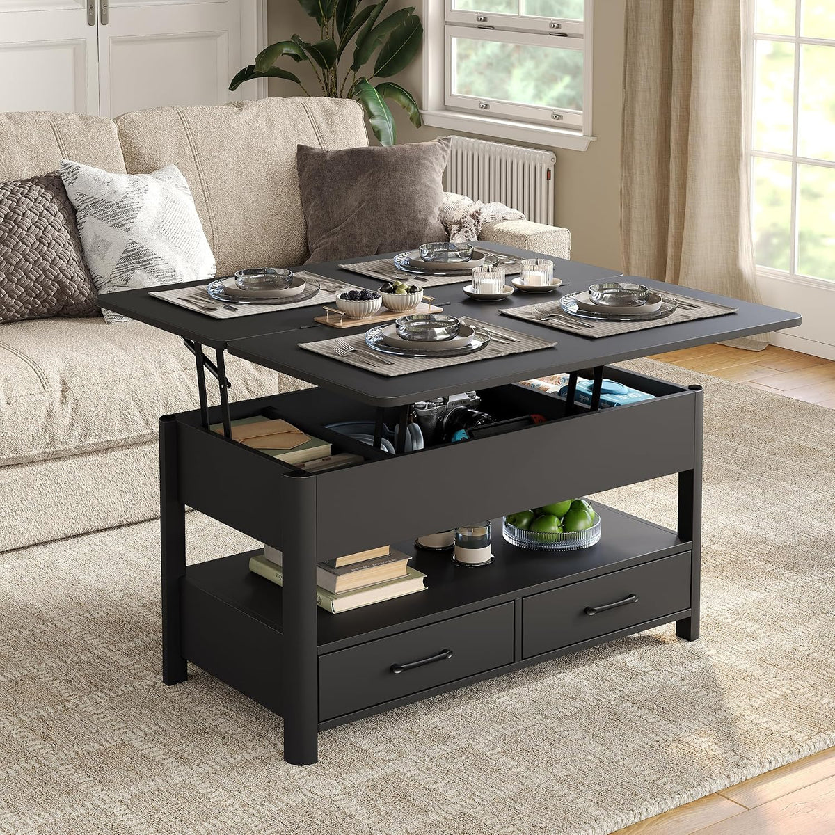 Mesa de centro elevable Furnihold con cajones y compartimento secreto, mesa de salón convertible en mesa de comedor, negro