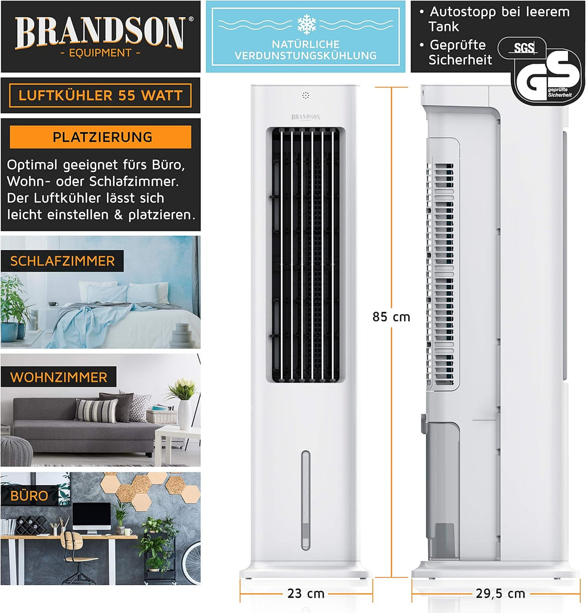 Brandson - Enfriador de aire por agua 5 en 1 - Enfriador evaporativo, humidificador, ventilador y purificador de aire, aire acondicionado portátil sin tubo de escape - Galardonado 2025 - silencioso - depósito de agua de 5 L