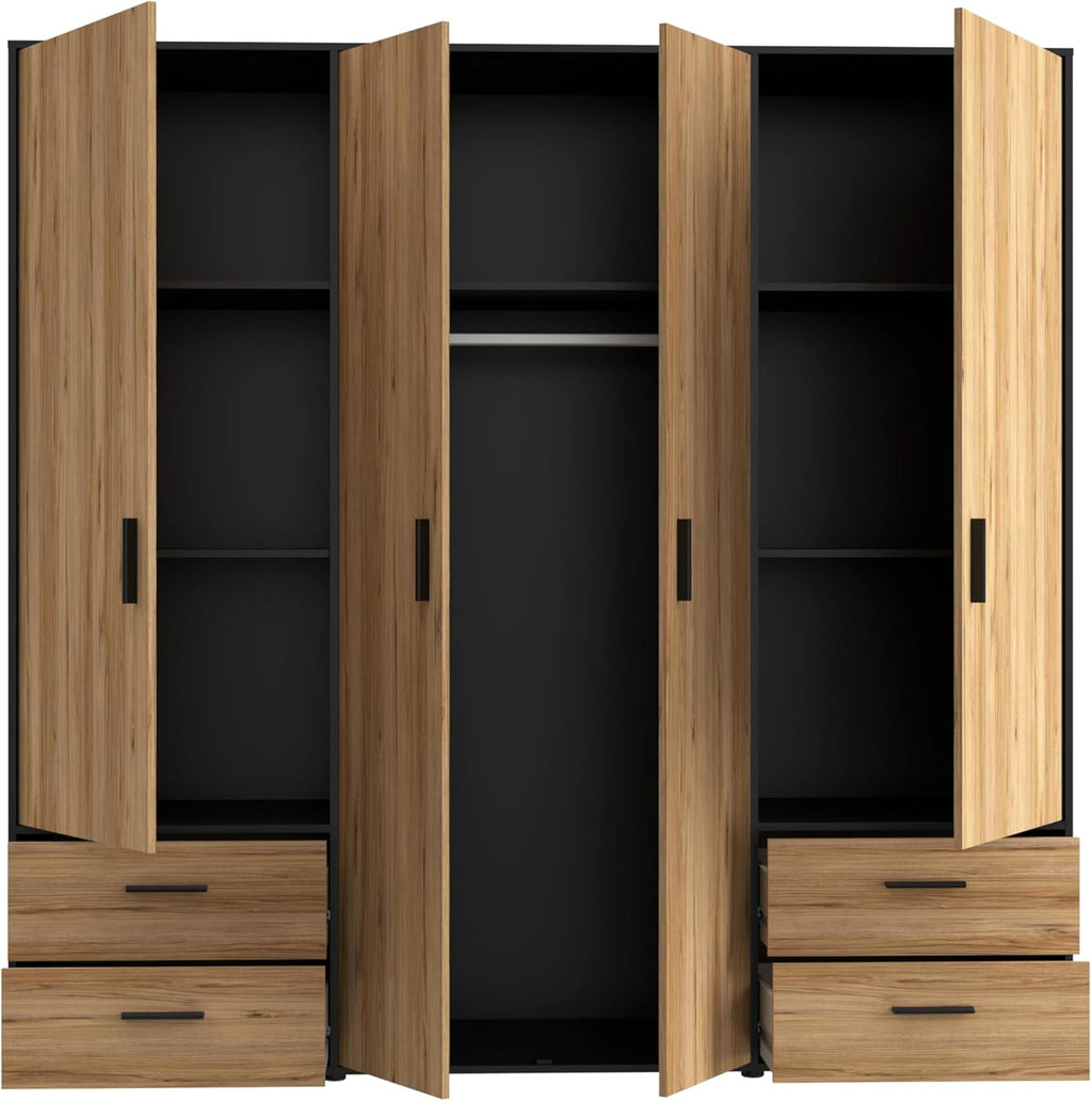 Armario FORTE Jupiter 200 210, armario ropero, armario de puertas batientes, 4 puertas, con 4 cajones y estantes, negro con decoración de madera: roble Catania, 206 cm de ancho x 53 cm de profundidad x 200 cm de alto