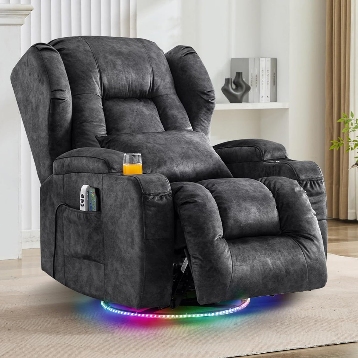 Sillón reclinable eléctrico, sillón relax con función de tumbona, sillón giratorio 240°, sillón de cine, sillón de masaje con función de calor, sillón de TV para salón hasta 150 kg (tejido de terciopelo, gris)