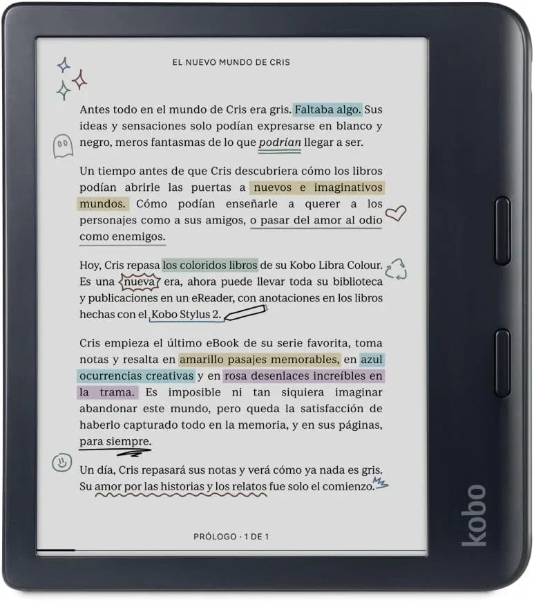 Lector de libros electrónicos Kobo Libra Colour | Pantalla E Ink Kaleido™ 3 de 7" | Temperatura de color y brillo ajustables | Reducción de luz azul | eBooks y audiolibros | Memoria de 32 GB | Resistente al agua | Blanco