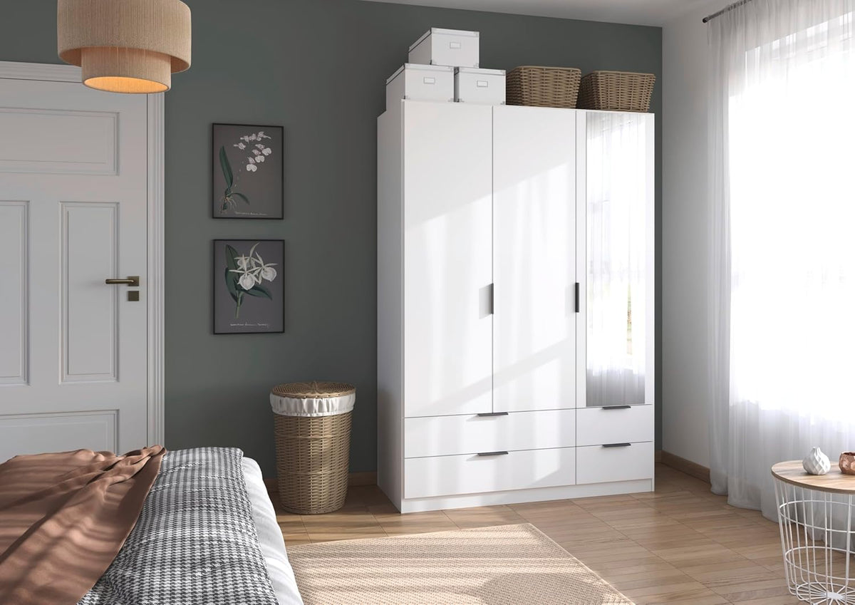 Rauch Möbel Lagoa, armario, ropero para dormitorio, habitación infantil, habitación juvenil de 3 puertas con espejo, 4 cajones, con accesorios Basic, color blanco, ancho 136 cm
