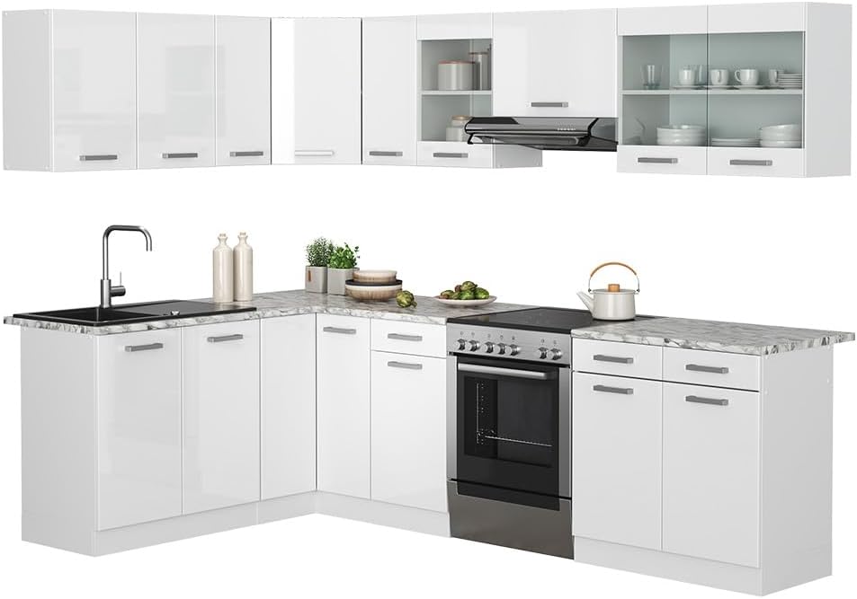 Cocina esquinera Vicco Rick, blanco alto brillo, 167 x 60 cm, encimera efecto mármol con tiras LED