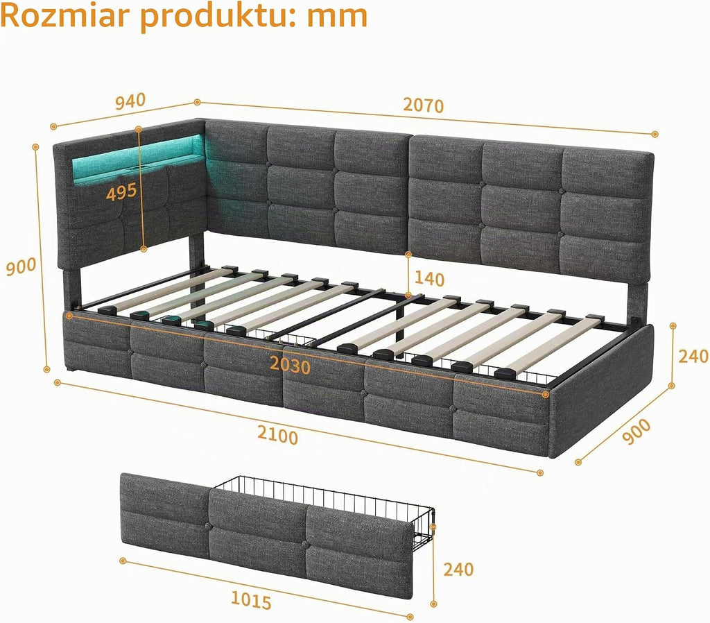 łóżko tapicerowane, 90 x 200 cm z gniazdami LED i USB, łóżko młodzieżowe ze stelażem z drewna i 2 szufladami, łóżko dziecięce, sofa do spania, łóżko dzienne, rama łóżka, len, kolor szary, bez