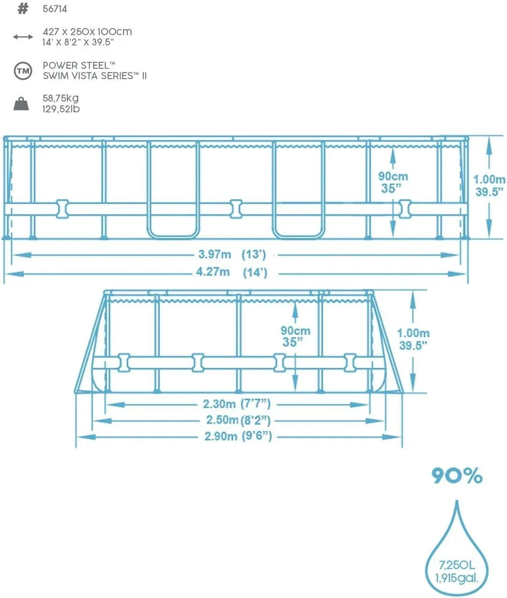 BESTWAY - Piscina Desmontable Tubular Power Steel 427x250x100 cm Depuradora de Cartucho 2.006 l/h Escalera y Cobertor Diseño Ratán