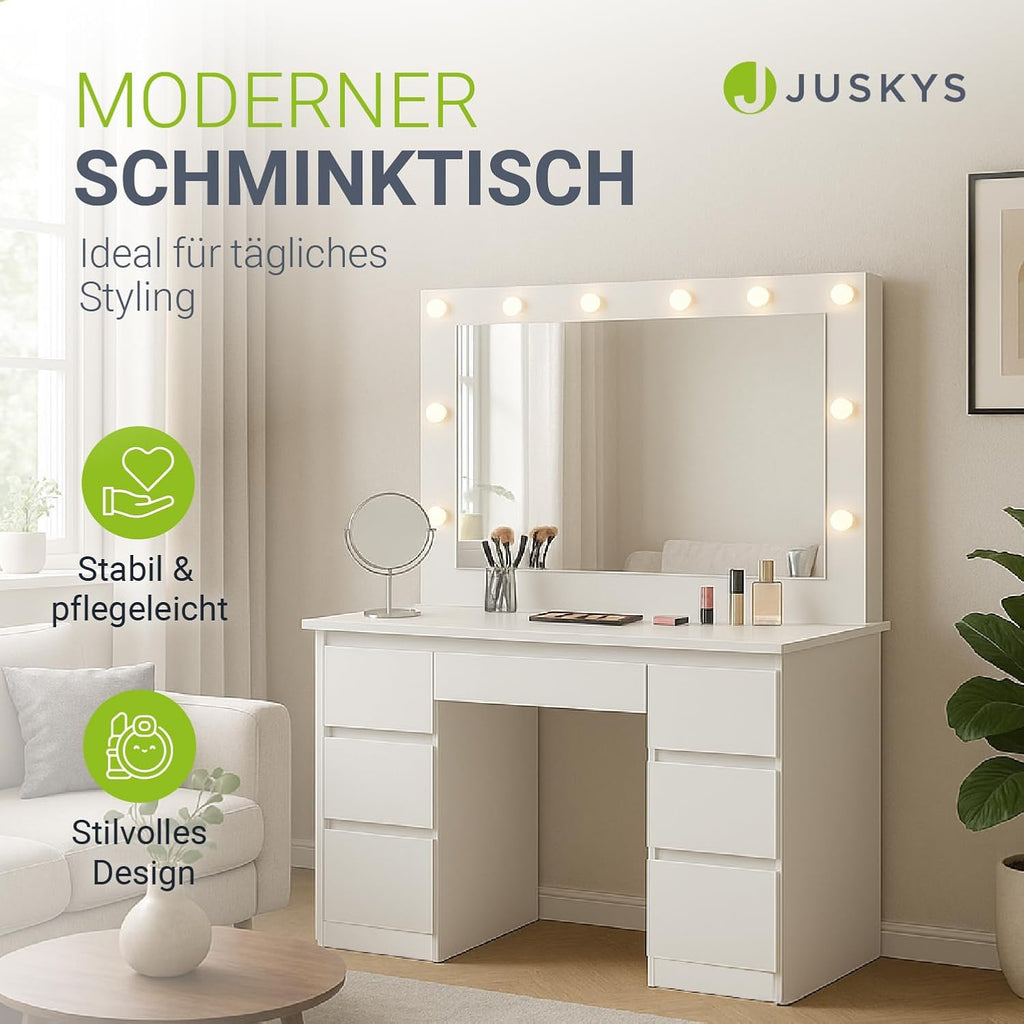 Tocador Juskys Lilia con espejo LED, 7 cajones, 3 niveles de iluminación, gran espacio de almacenamiento, diseño moderno, compacto y de fácil mantenimiento para el maquillaje - Blanco