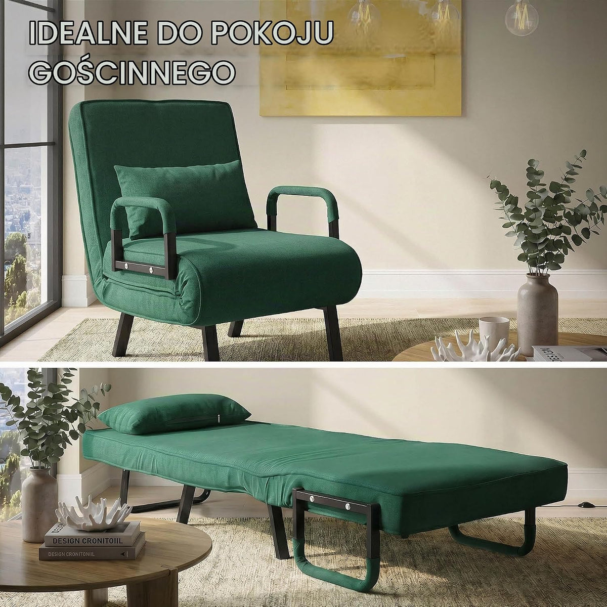ML-Design Fotel Rozkladany 3 w 1 z Funkcja Spania, Skladany z Regulowanym Oparciem, Rozkladana Sofa dla Gosci, Lózko Jednoosobowe Stelaz Stalowy Miekka Tkanina Chenille Wygodny do Salonu Ciemnozielony