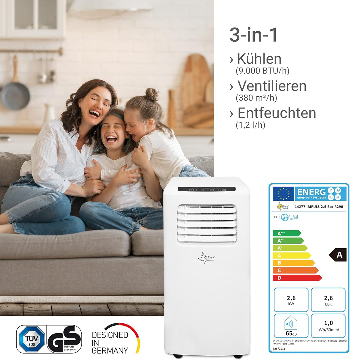 SUNTEC Aire acondicionado portátil Impuls 2.6 Eco R290 – Aire acondicionado móvil y silencioso con tubo de escape – Enfriador y deshumidificador para habitaciones de hasta 34 m² – Refrigeración móvil para hogar y oficina – 9.000 BTU | 2600 vatios