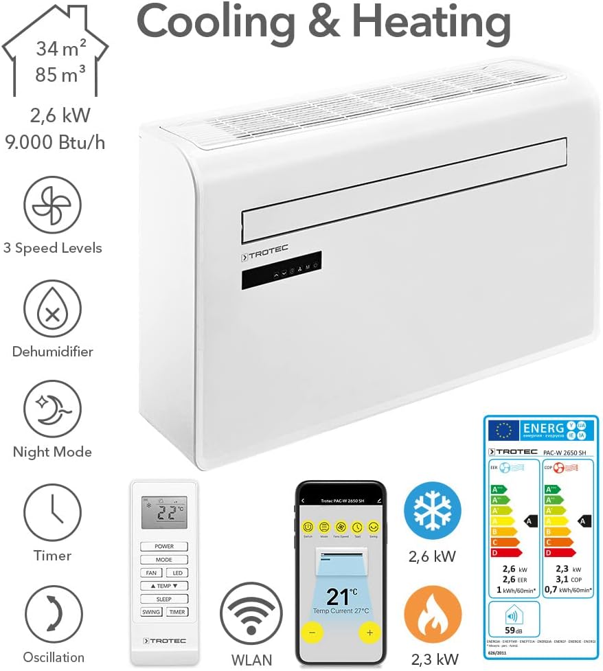 TROTEC Aire acondicionado de pared PAC-W 2650 SH | Climatización 4 en 1: refrigerador, calefactor, ventilador, deshumidificador | con integración WLAN y control mediante smartphone