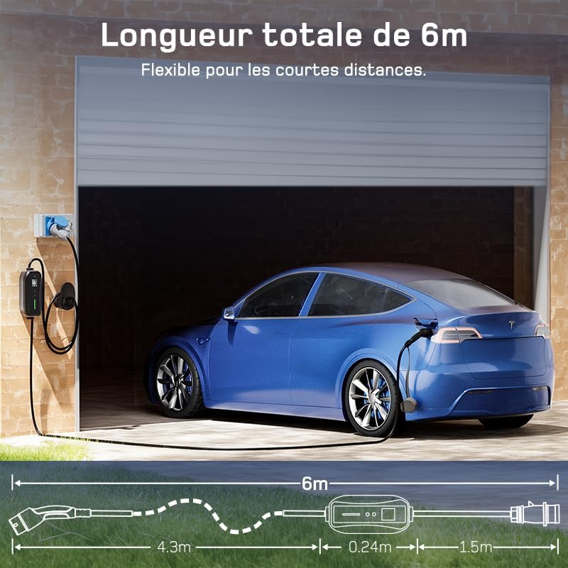 Cargador de coche eléctrico P17 [7,4 kW, monofásico, 6 m, 6 A/10 A/16 A/20 A/24 A/32 A] tipo 2, toma CEE, cargador para vehículo eléctrico, estación de carga móvil/Wallbox con pantalla digital