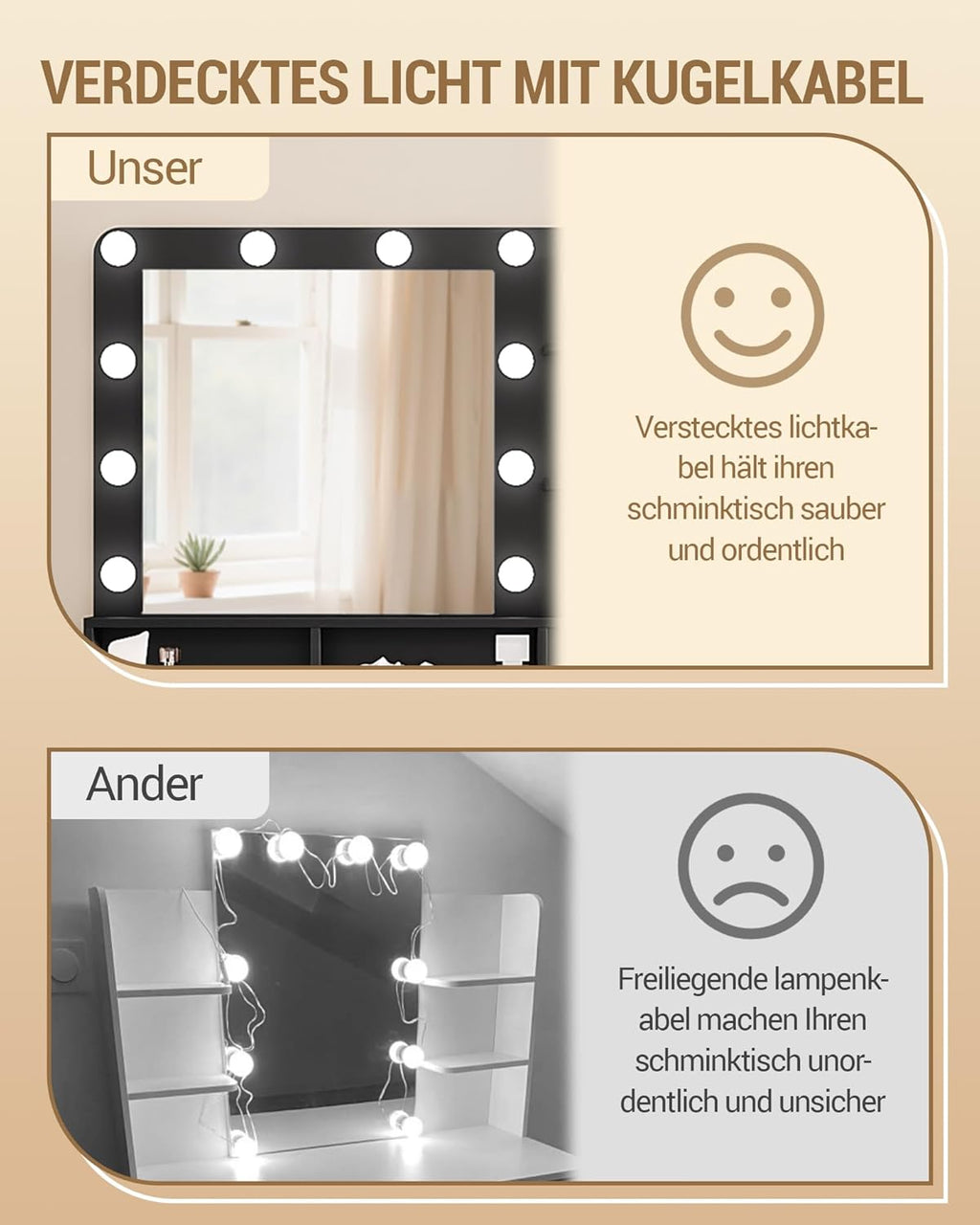 Tocador Hzuaneri con 10 luces LED, taburete, mesa de maquillaje con espejo grande, tocadores con enchufe, soporte para secador de pelo y varios cajones, negro, DT39006X
