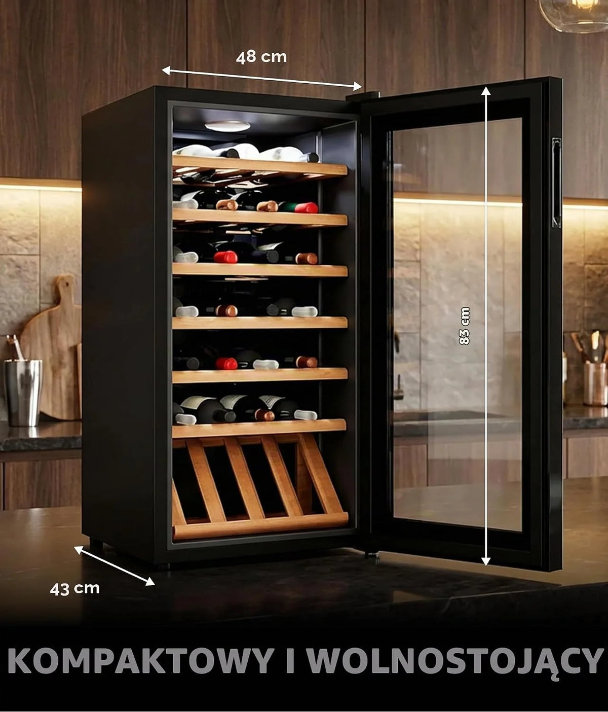 °CUBES Lodówka na wino, 28 butelek (90 l) z eleganckimi szklanymi drzwiami i wysokiej jakości półkami z drewna bukowego, 5-18°C, niski poziom wibracji i cicha (40 dB) | szafka na wino z wyświetlaczem