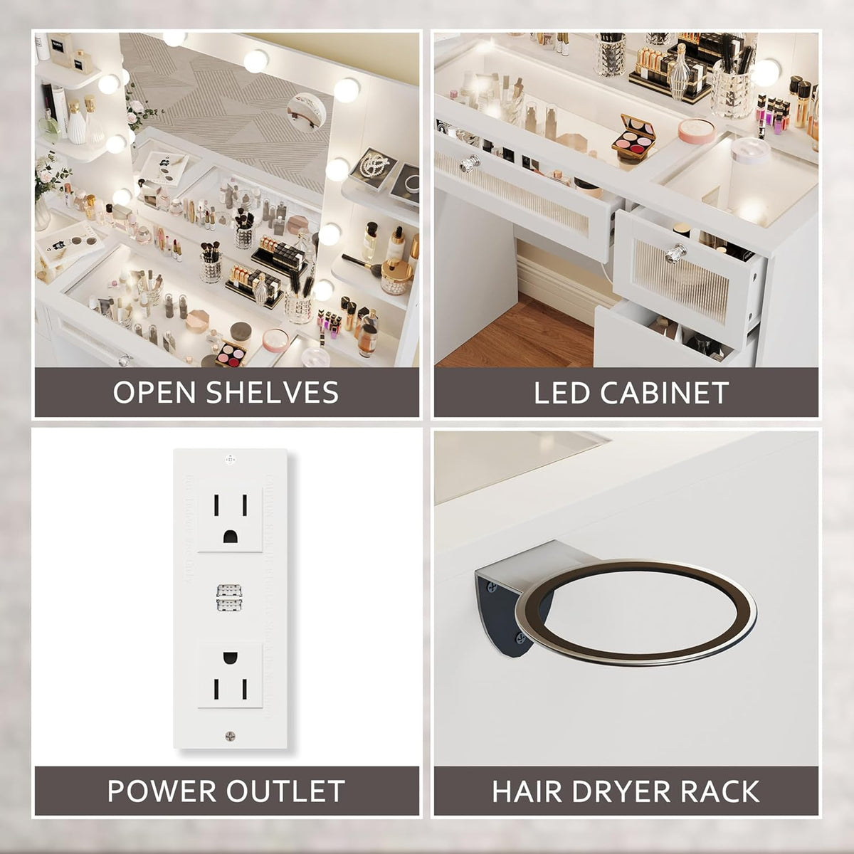 Tocador blanco con espejo iluminado de 23.5”, escritorio con cubierta de vidrio, 9 cajones, 3 colores de luces tipo Hollywood, 4 repisas, acrílico y toma de corriente, mesa de maquillaje para dormitorio