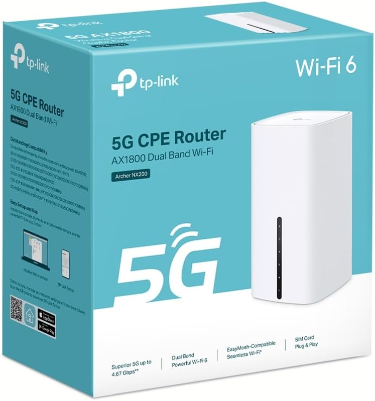 Router LTE inalámbrico TP-Link Archer NX200, router 5G para tarjeta SIM, Wi-Fi 6 de doble banda AX1800, 3 puertos Gigabit, MU-MIMO, gestión mediante web y aplicación, Plug-and-Play