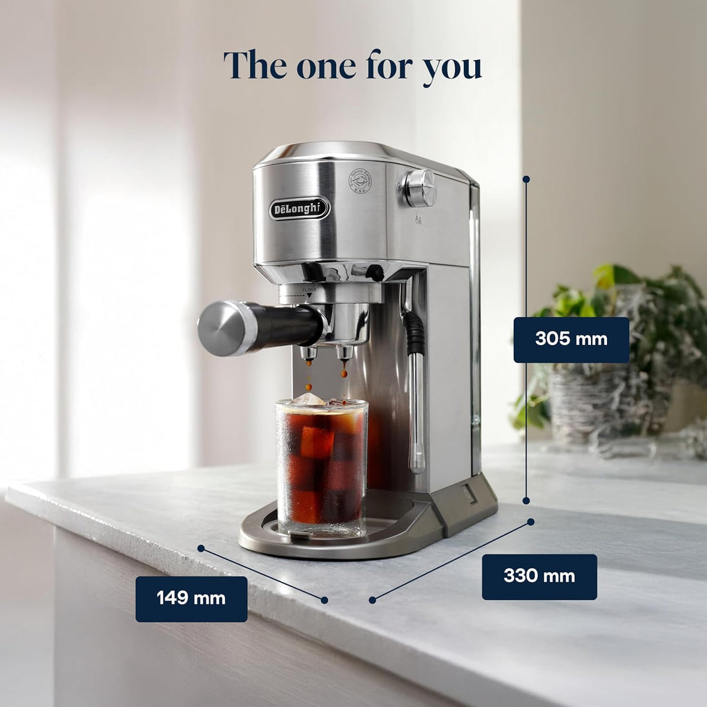 De'Longhi Dedica Duo - Cafetera de espresso de brazo compacta y perfecta con iconos táctiles, espumador de leche manual para espresso, capuchino y cold brew, 15 cm de ancho, metal (EC890.M)