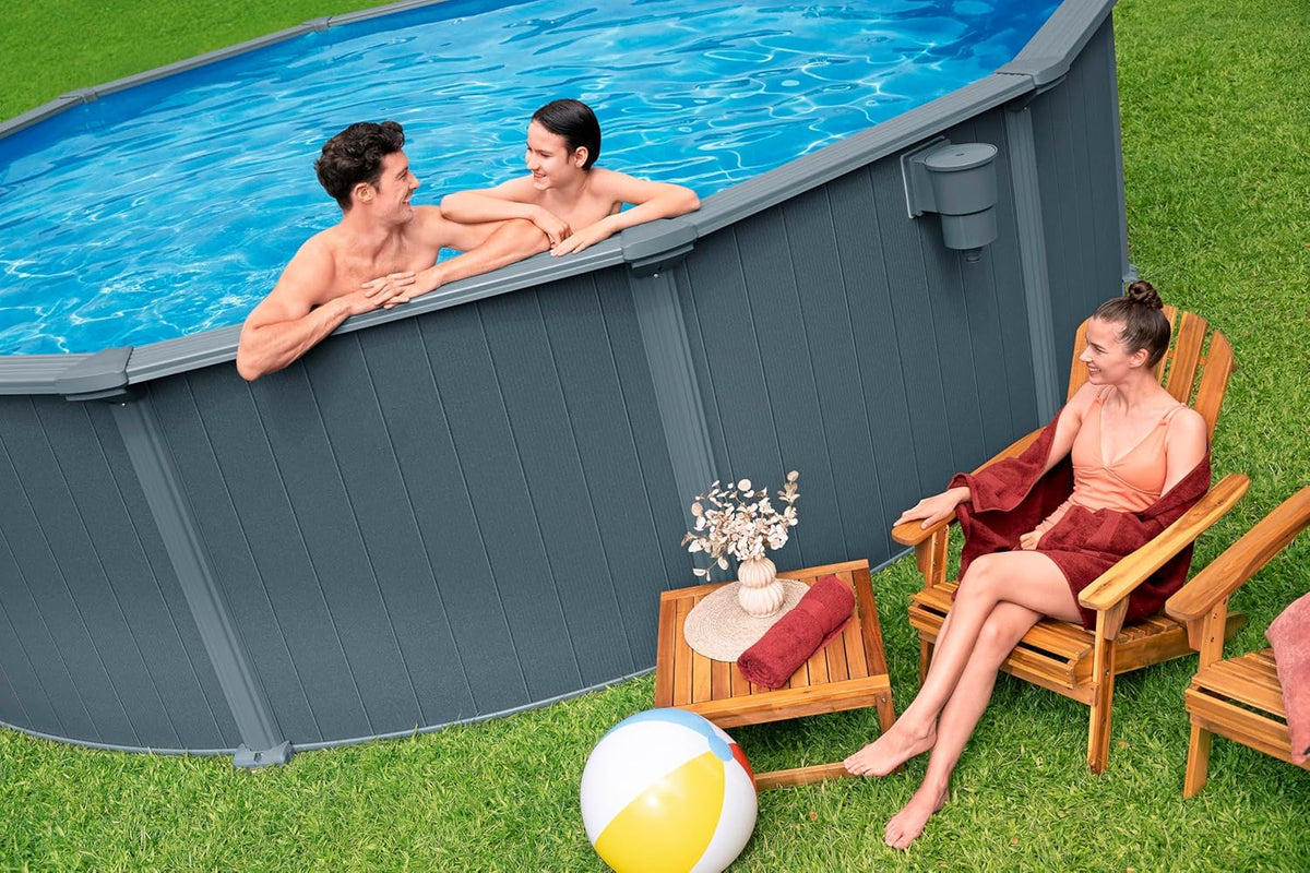 Set completo de piscina con pared de acero Bestway Hydrium redonda 488 x 132 cm, efecto madera gris, piscina de jardín, piscina elevada, filtro de arena