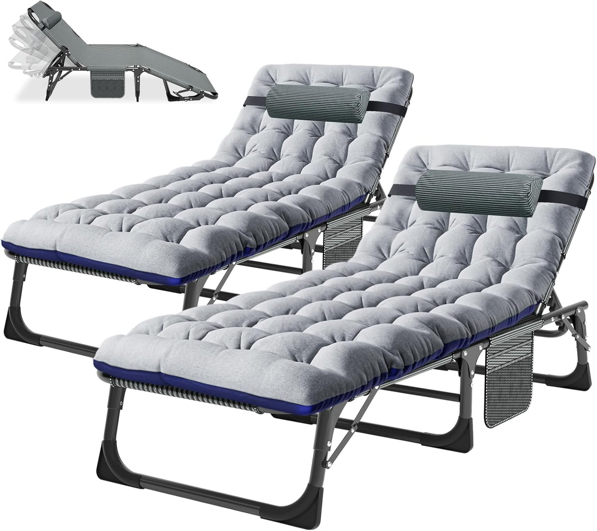 Set de 2 tumbonas plegables con colchón, capacidad de carga de 200 kg, tumbona de jardín con bolsillo lateral y reposacabezas, respaldo ajustable, tumbona de relax para balcón, jardín y playa
