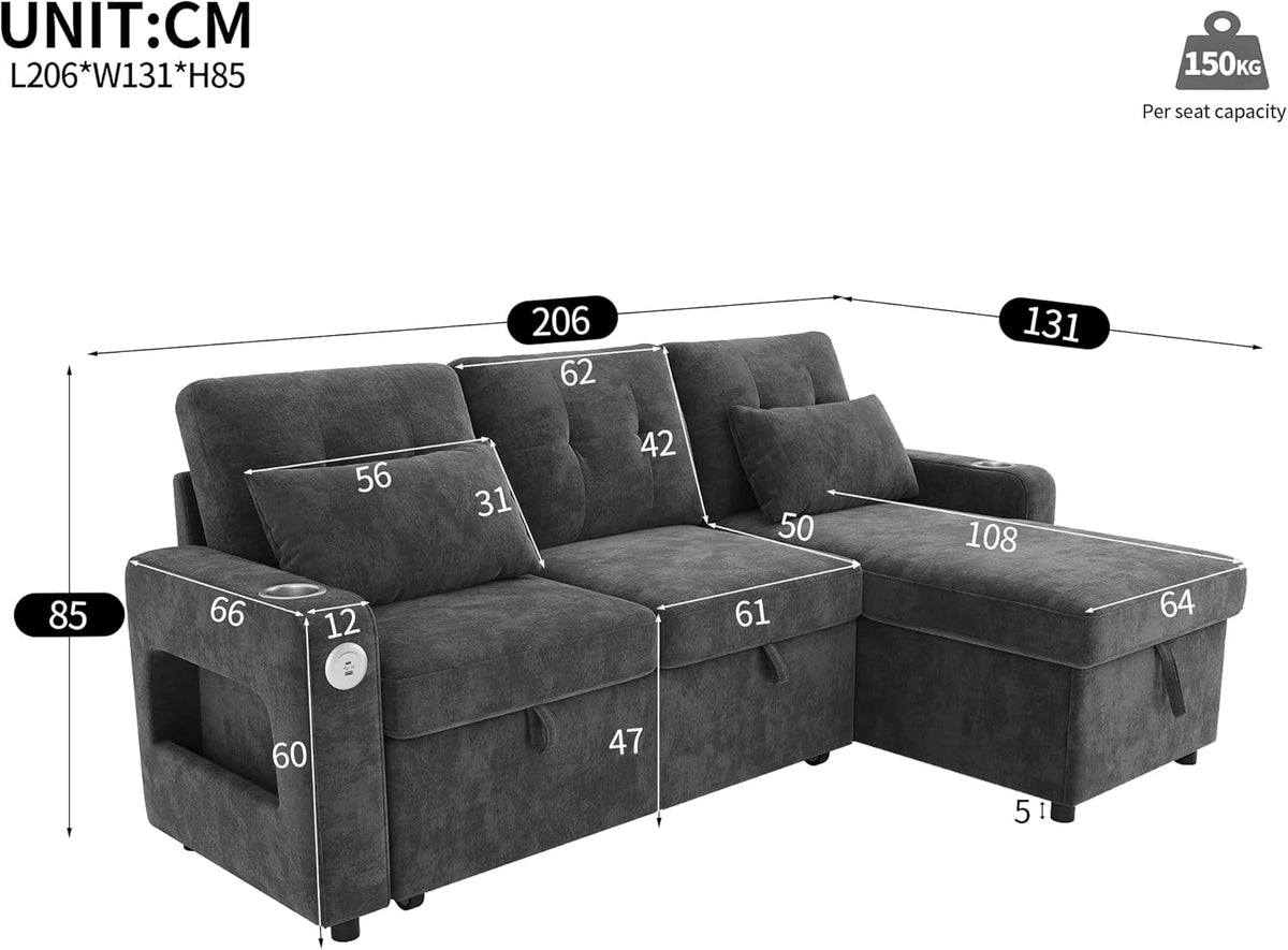 Sofá en L Merax con función cama y arcón, práctico sofá cama con espacio de almacenamiento, iluminación LED, USB/Tipo-C y 2 portavasos, sofá cama extraíble en forma de L, tela de chenilla, gris
