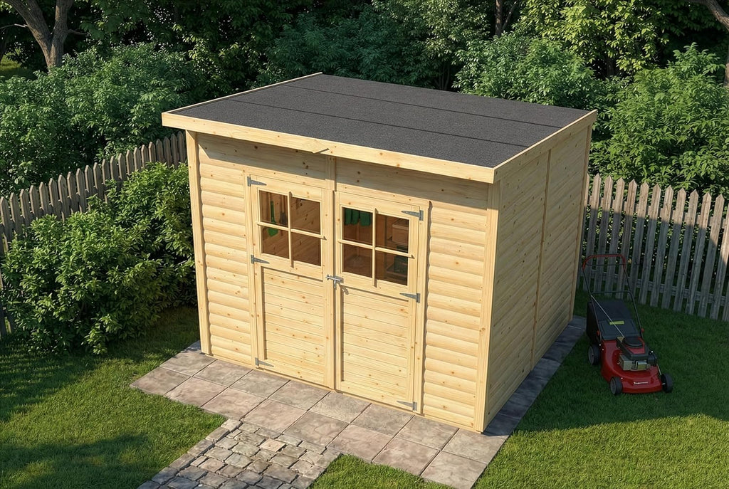 Cobertizo Alpholz Alster 251x254cm acabado natural con 19mm de grosor de pared y techo inclinado, incluye suelo