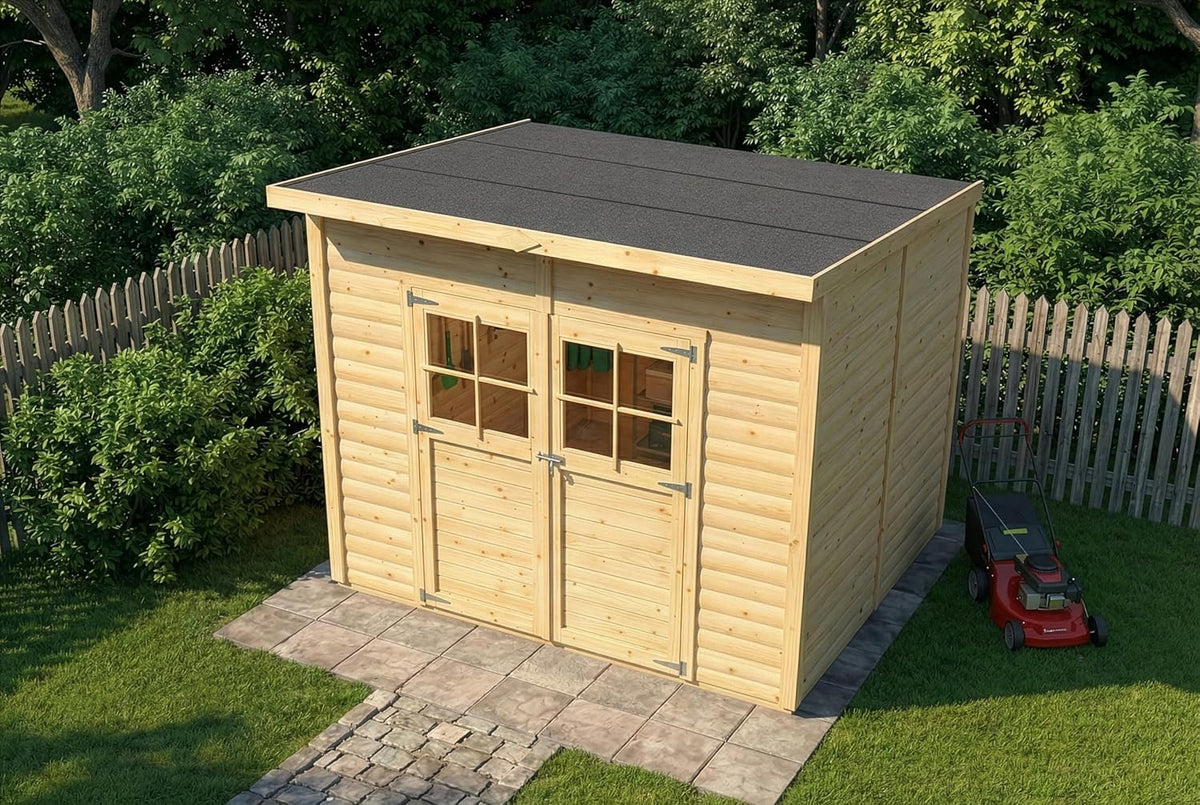Cobertizo Alpholz Alster 251x254cm acabado natural con 19mm de grosor de pared y techo inclinado, incluye suelo