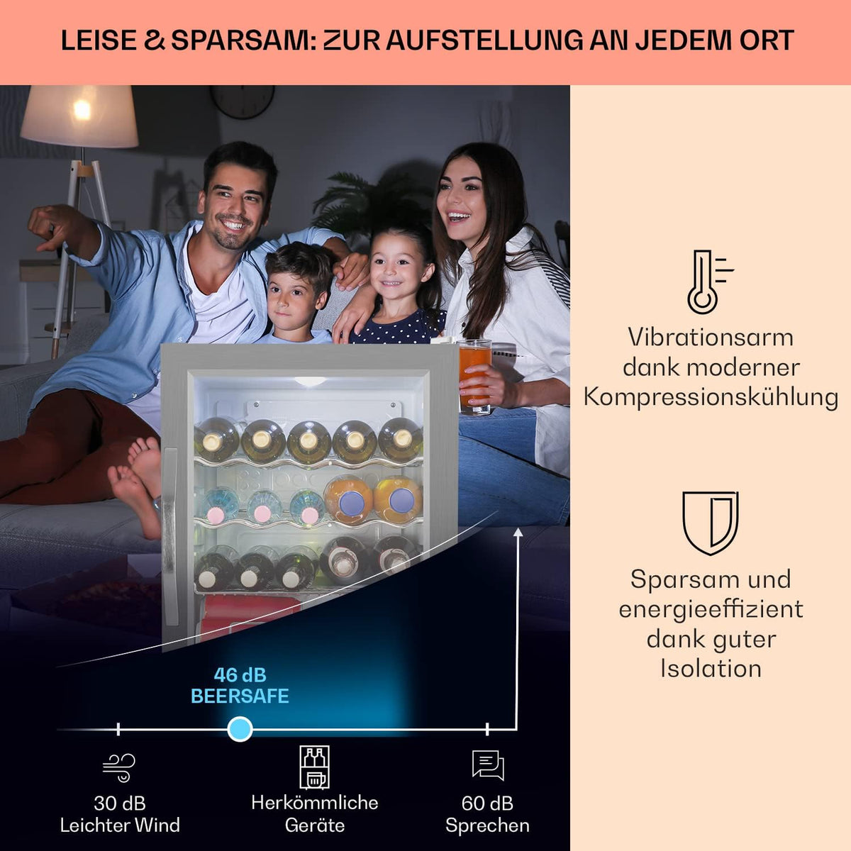 Mininevera Klarstein con puerta de cristal para habitaciones, refrigerador de bebidas con estantes ajustables, pequeño de 80 litros, frigorífico silencioso para interiores/exteriores