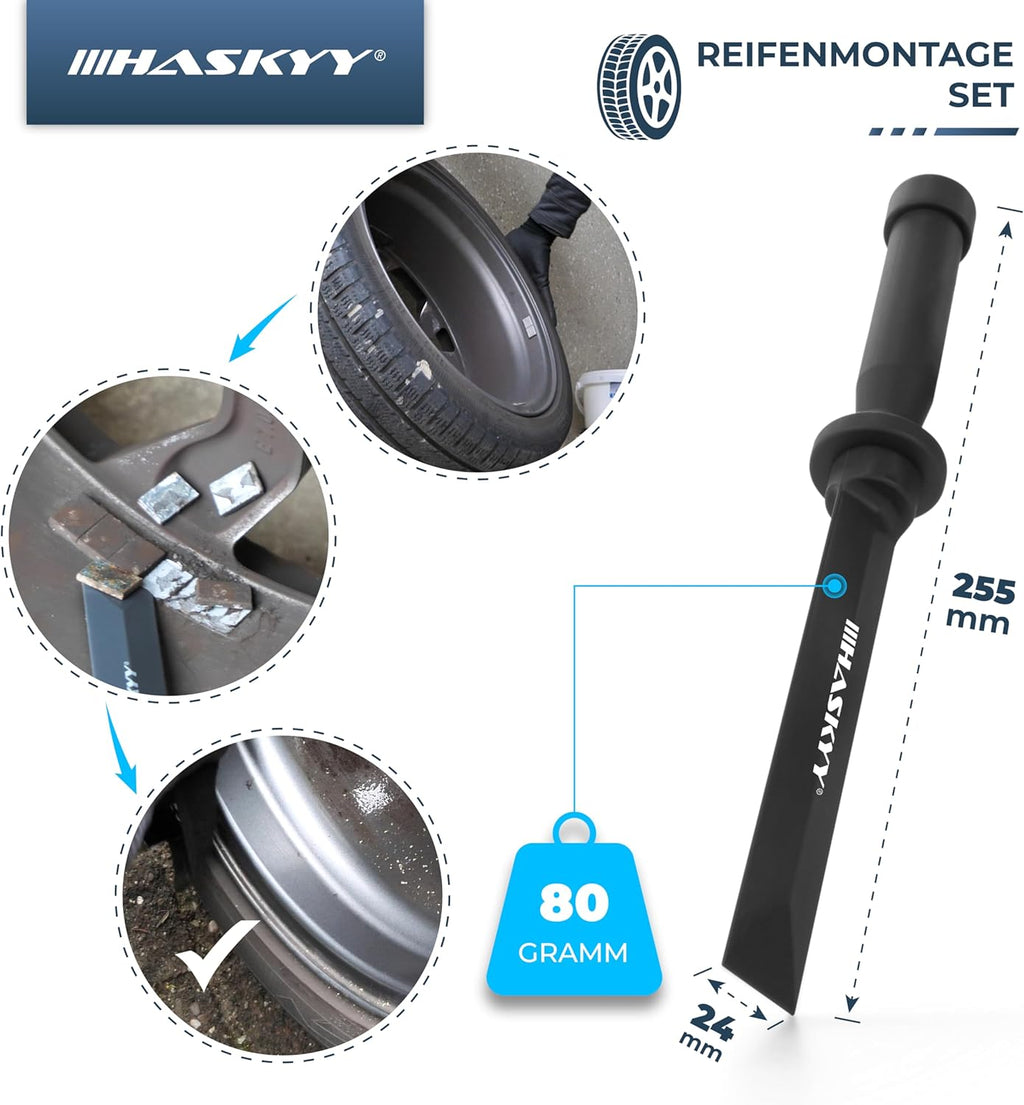 Kit de herramientas y accesorios para montaje de neumáticos (contrapeso, rascador, decapante, extractor de obús, tiraválvulas, alicate para contrapesos), azul
