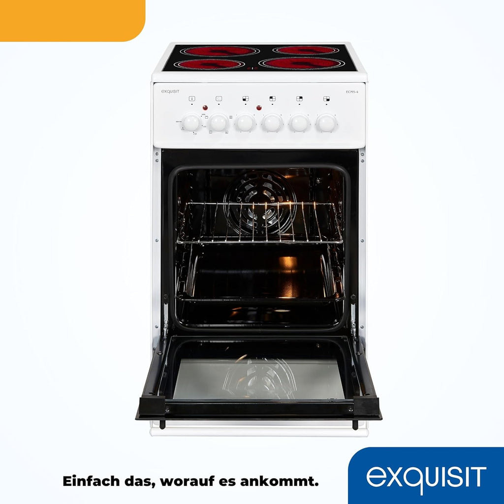 Cocina independiente Exquisit, cocina de 50 cm con placa vitrocerámica, calor superior/inferior, horno con ventilador y grill, cocina eléctrica independiente de 50 cm, color blanco, ECM 5-4-1