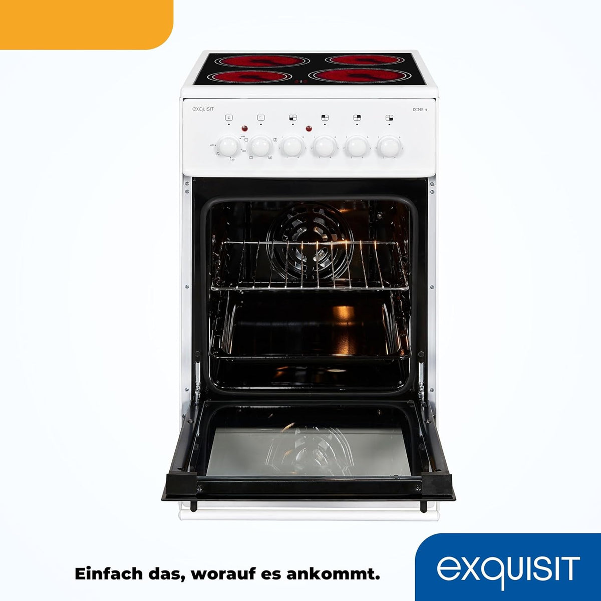 Cocina independiente Exquisit, cocina de 50 cm con placa vitrocerámica, calor superior/inferior, horno con ventilador y grill, cocina eléctrica independiente de 50 cm, color blanco, ECM 5-4-1