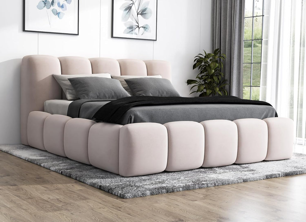 Cama tapizada A&J MöbelLand 140x200 con arcón y somier – Sonic, cama con colchón y almacenamiento en beige