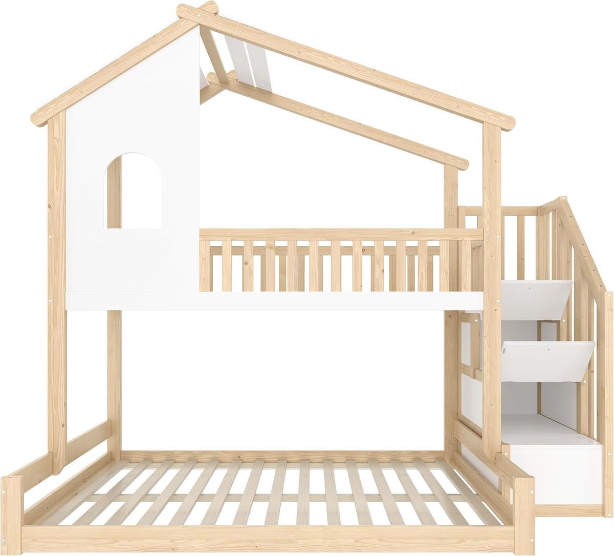 Litera infantil Merax para 2 niños, 90x200 y 140x200 cm, cama alta tipo casita con techo, ventana y barandilla, escalera con 2 compartimentos de almacenamiento, cama con somier y protección anticaídas, sin colchón, blanco y natural